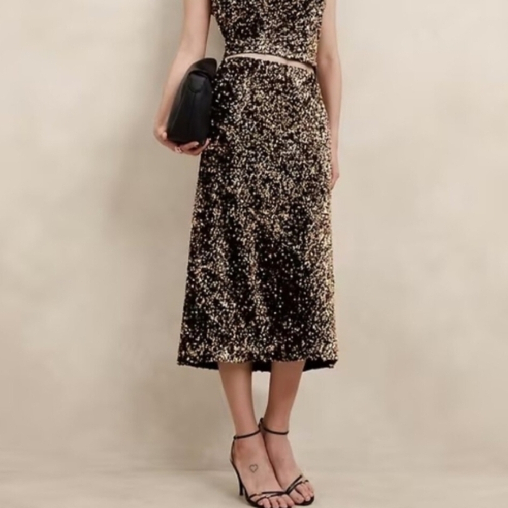 Sequined Gold Midi Slip Skirt and Cropped Top Size LG